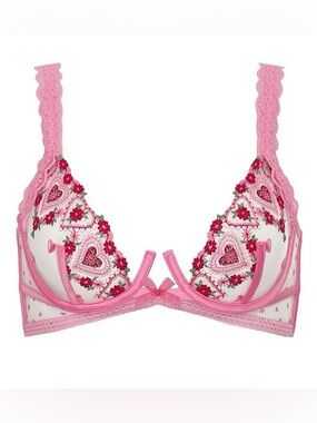 For Love And Lemons Whimsical Garden Hearts Embroidered Underwire Bra Size 32C